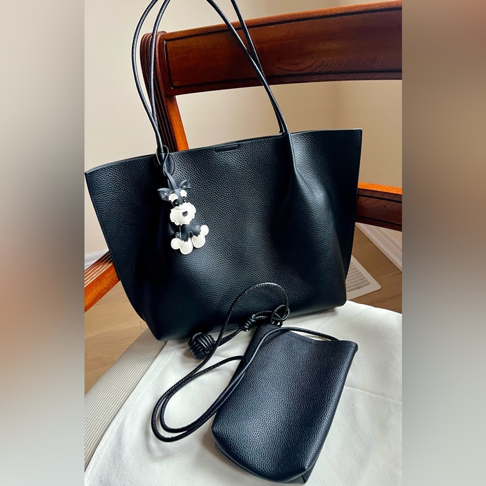 Black Leather Tote Bag with Dog Charm and a cellphone Bag 2Pcs set